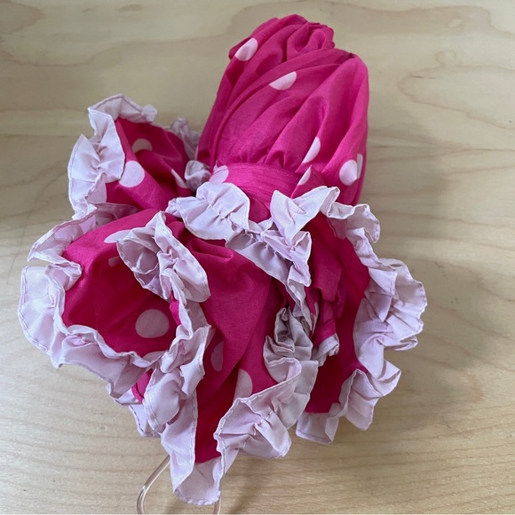 ☂️ ☀️ Vintage Pink Ruffle Trim Polka Dot Compact Umbrella - Picture 9 of 9